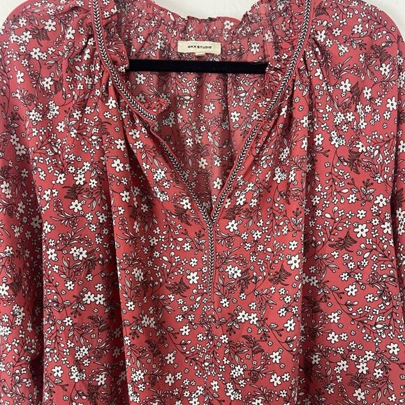Max Studio Women's Plus Size 1X Crepe Peasant Boho Blouse Red Floral Print - Picture 7 of 12